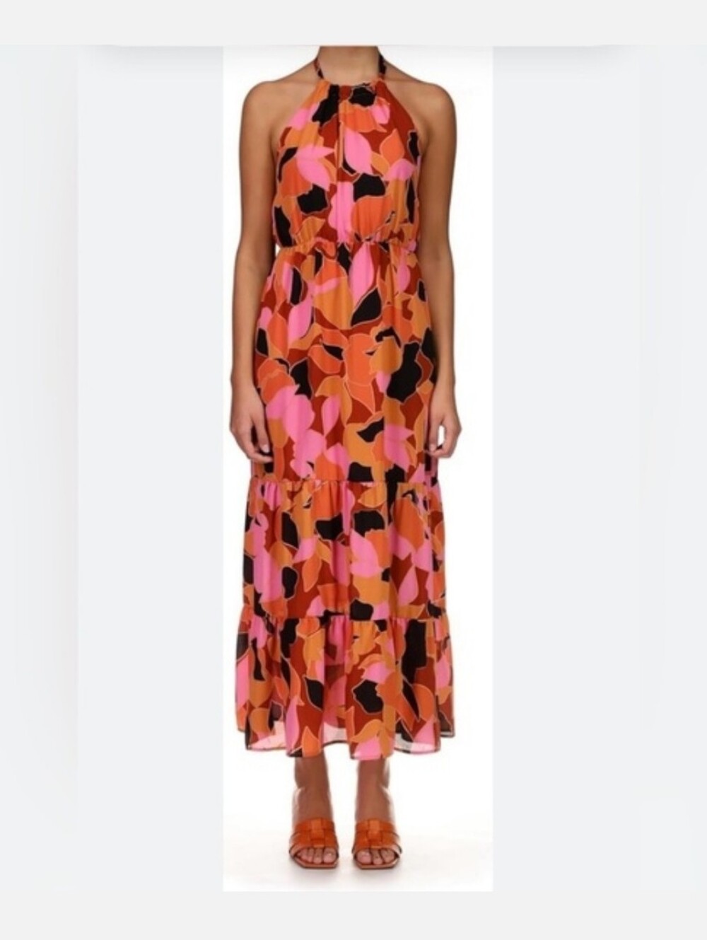 Anthropologie Sanctuary Halter Neck Orange & Pink Printed Maxi Dress Size Small